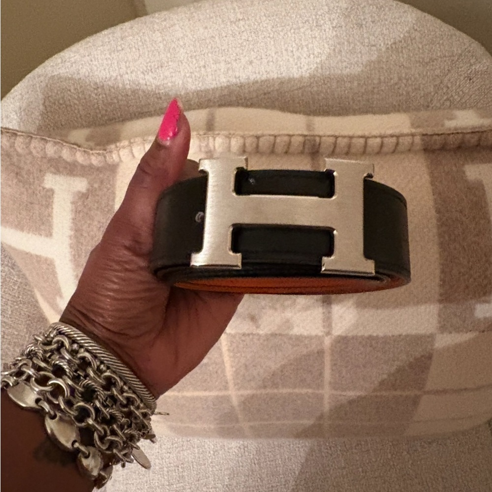 Hermès Black Leather Belt with Silver Buckle